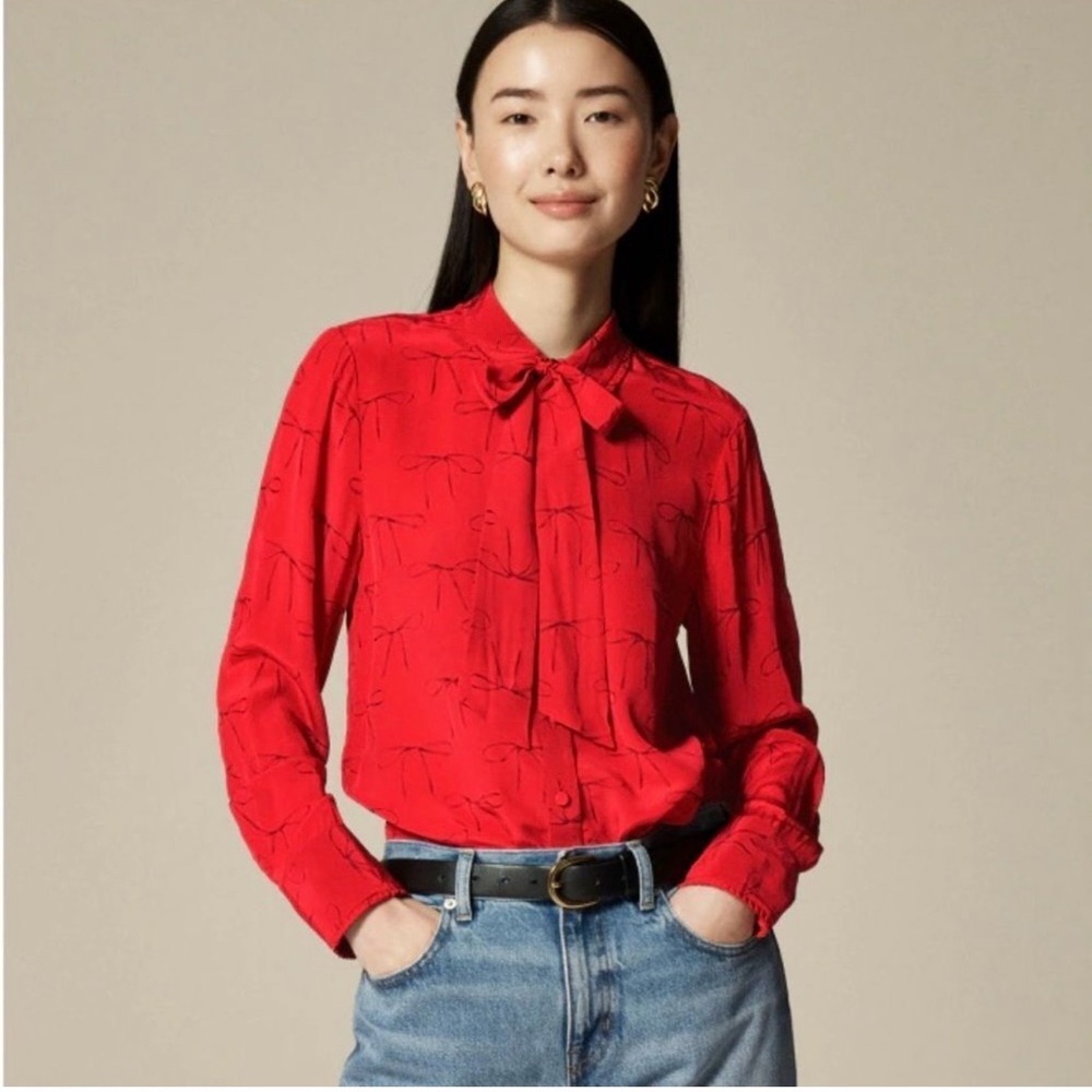 J CREW Red Bow Print Button Up Shirt Removable Neck Tie Crepe de Chine Blouse - Picture 2 of 7
